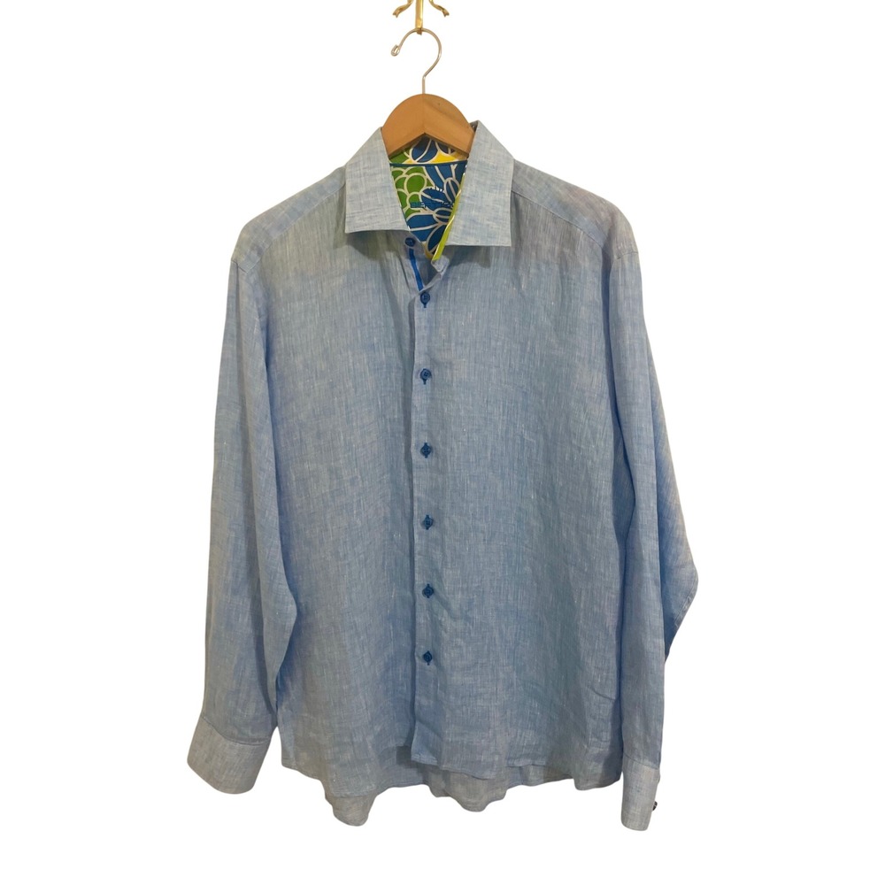 Bertigo‎ Mens Light Blue 100% Linen Long Sleeve Button Down Shirt Floral Trim XL